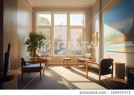 Cozy waiting room interior with natural light, comfortable chairs, and a large window with a city view. 109435572