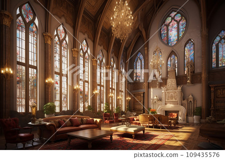 Elegant vintage interior with Gothic windows, chandeliers, and luxury furniture 109435576