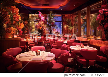 Modern lounge bar interior with vibrant pink and blue neon lighting 109435598