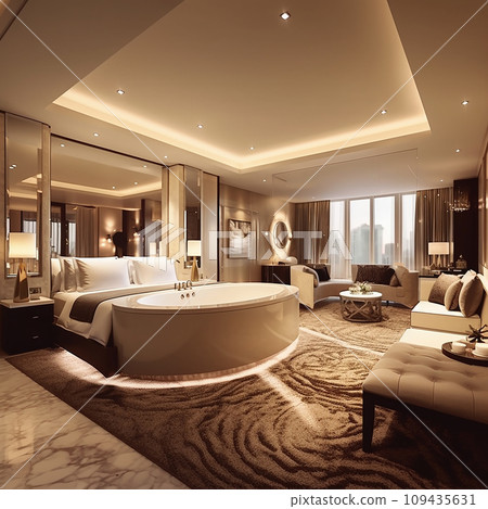 luxury hotel room with white wall and gold tone. Room with bathtub 109435631