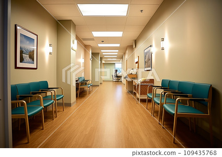 Empty hospital waiting room with blue chairs and paintings on the wall Empty hospital waiting room with blue chairs and paintings on the wall 109435768