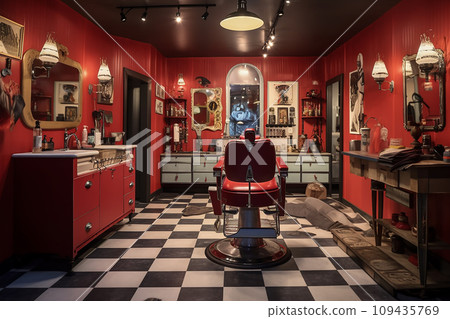 Vintage Barber Shop with Red Walls and Checkered Floor Vintage Barber Shop with Red Walls and Checkered Floor 109435769