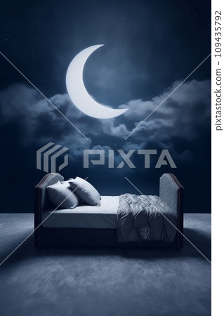 A Surreal Bedtime Scene with a Crescent Moon, bedroom 109435792