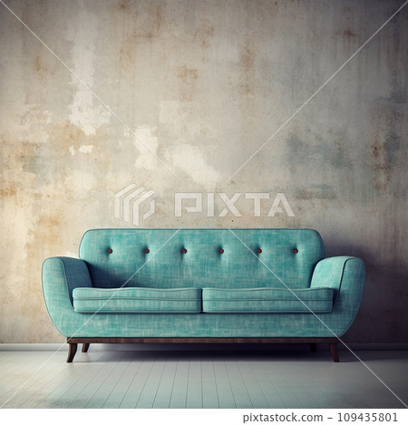 A vintage blue sofa in a modern living room with a ruined grunge wall 109435801