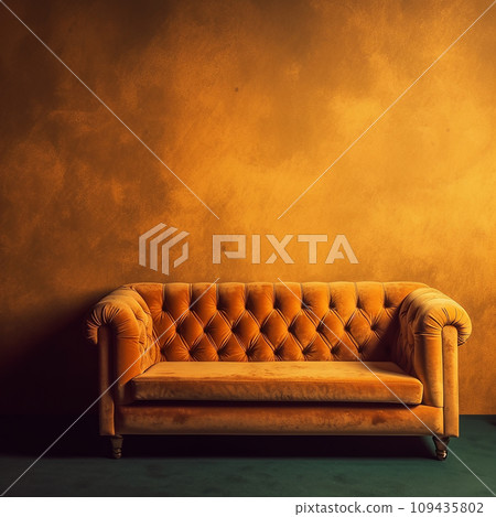 A Luxury Vintage Yellow Velvet Tufted Sofa in a Minimal Living Room A Luxury Vintage Yellow Velvet Tufted Sofa in a Minimal Living Room 109435802