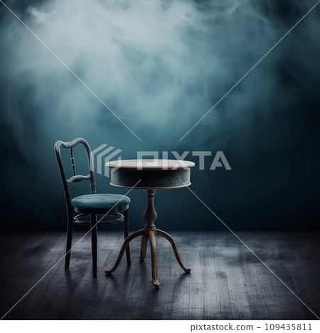 Mysterious scene with an antique chair and table, blue background, alone and sad concept Mysterious scene with an antique chair and table, blue background, alone and sad concept 109435811
