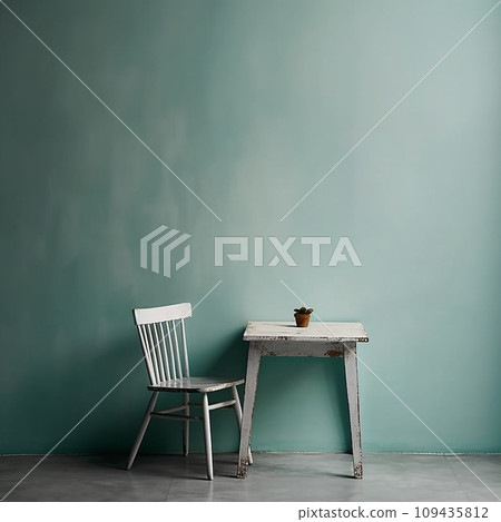 Minimalistic interior with white ruined wooden chair and table Minimalistic interior with white ruined wooden chair and table 109435812