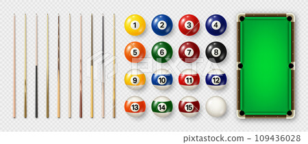 Billiard balls with numbers, various cues and green pool table. Glossy snooker ball. Sports equipment, recreation and hobby, competitive game. Vector illustration 109436028