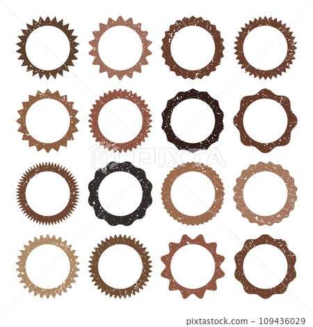 Post stamps, labels and badges. Grunge imprints and postmarks. Brown vintage circle postcard watermarks. Used envelope design elements. Vector illustration 109436029