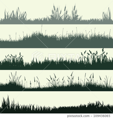 Meadow silhouettes with grass, plants on plain. Panoramic summer lawn landscape with herbs, various weeds. Herbal border, frame element. Green horizontal banners. Vector illustration 109436065