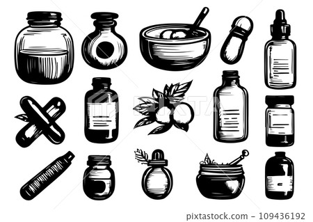 Different types of bottles thin vector icon set, black and white kit 109436192