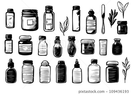 Different types of bottles thin vector icon set, black and white kit Different types of bottles thin vector icon set, black and white kit 109436193