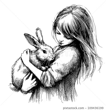 little girl holding a bunny in her arms hand drawn sketch for your design, animal protection and easter concept little girl holding a bunny in her arms hand drawn sketch for your design, animal protection and easter concept 109436199
