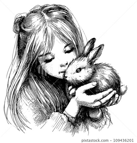 little girl holding a bunny in her arms hand drawn sketch for your design, animal protection and easter concept little girl holding a bunny in her arms hand drawn sketch for your design, animal protection and easter concept 109436201