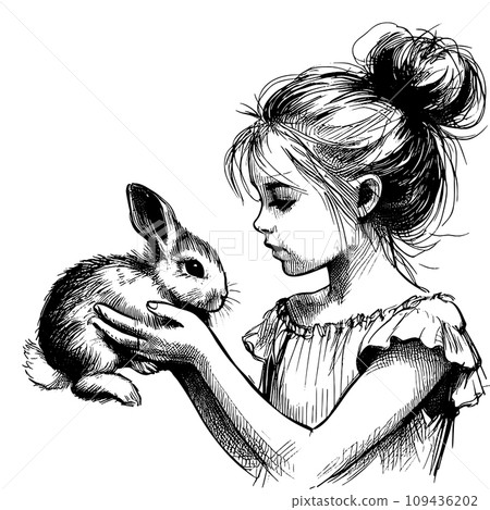 little girl holding a bunny in her arms hand drawn sketch for your design, animal protection and easter concept little girl holding a bunny in her arms hand drawn sketch for your design, animal protection and easter concept 109436202