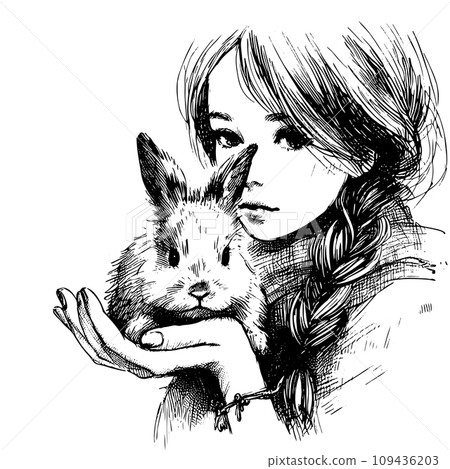 little girl holding a bunny in her arms hand drawn sketch for your design, animal protection and easter concept little girl holding a bunny in her arms hand drawn sketch for your design, animal protection and easter concept 109436203