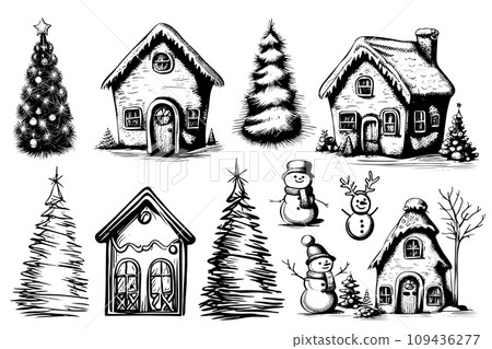 set hand drawn sketches. Cute cottage Christmas tree  109436277