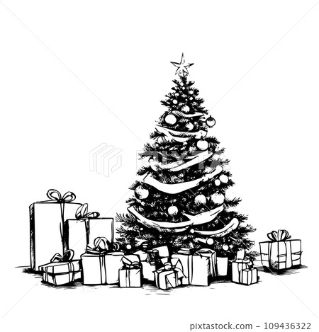 Hand drawn Christmas tree and presents. Vector illustration sketch, line art.. 109436322