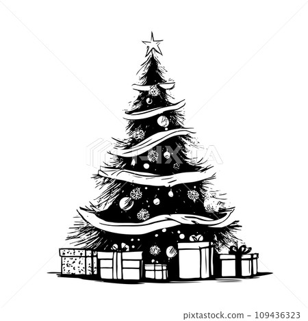 Christmas tree with Christmas decorations and gifts. Merry Christmas and New Year concept. Happy Holidays vintage Christmas tree with Christmas decorations and gifts. Merry Christmas and New Year concept. Happy Holidays vintage 109436323