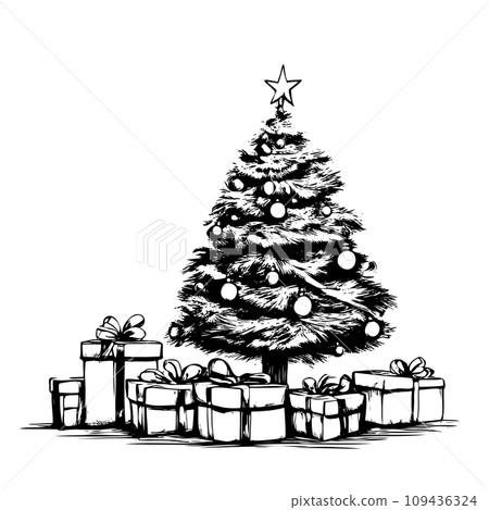 Hand drawn Christmas tree and presents. Vector illustration sketch, line art.. Hand drawn Christmas tree and presents. Vector illustration sketch, line art.. 109436324
