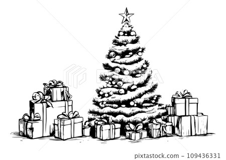 Gift boxes under the tree. christmas tree vector. christmas sketch 109436331