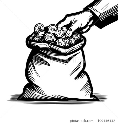 Sketch hand holding money in bag. Bag gold coins, concept saving or stealing. 109436332