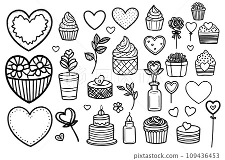 Vector illustrations with drawings for valentines day. sketch set of hand drawn design elements for valentines, gift tags, greeting cards. Vector illustrations with drawings for valentines day. sketch set of hand drawn design elements for valentines, gift tags, greeting cards. 109436453
