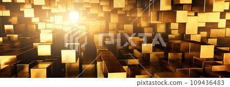 Wide banner with abstract pattern of gold blocks, metal shiny cubes texture background. Golden wall with shapes and light. Concept of business, luxury design, technology, building 109436483