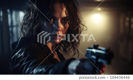 Young woman points gun at night, female killer or detective holds weapon. Adult girl with pistol in dark house like in thriller movie. Concept of detective, murderer, spy, mercenary Young woman points gun at night, female killer or detective holds weapon. Adult girl with pistol in dark house like in thriller movie. Concept of detective, murderer, spy, mercenary 109436498