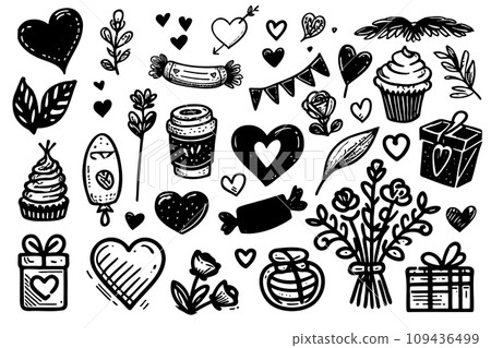 Hearts and design elements for Valentines Day 14 February love day sketch art hand drawn drawing. 109436499