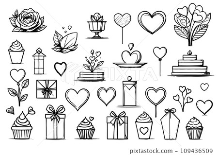 Hearts and design elements for Valentines Day 14 February love day sketch art hand drawn drawing. 109436509