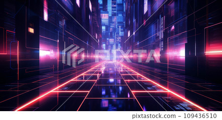 Digital space texture background, perspective of abstract futuristic virtual room in cyberspace. Dark scene with data and purple light. Concept of technology, future, speed, network 109436510
