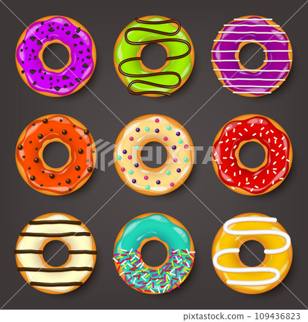 Donut, begel with cream. Cookies,cookie cake set. Sweet dessert with sugar and caramel. Tasty breakfast cooking. Cafateria food, snack. Coffee shop.Vector illustration. 109436823