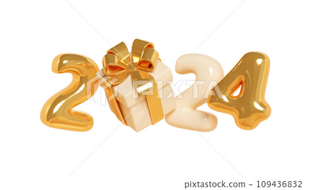 2024 inflatable golden balloon text with Christmas gift box with ribbon and bow 3d render illustration. Cartoon gold glossy number for 2024 New Year and Xmas greeting or sale design, party invitation. 109436832