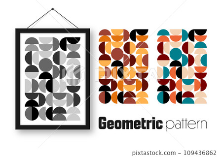 Picture frame with geometric trendy pattern, Bauhaus style. Modern background, simple elements. Retro texture, basic geometric shapes. Print design, minimalist poster cover. Vector illustration 109436862