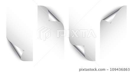 Set of silver paper curls. Curled page corner with shadow. Blank sheet of paper. Colorful shiny foil. Design element for advertising and promotion. Vector illustration. 109436863