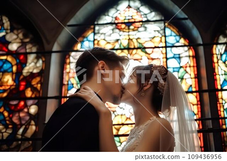 A white couple kissing their vows in front of stained glass, AI generated 109436956