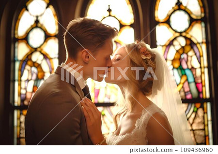 人工智慧生成的一對白人夫婦在彩色玻璃前親吻誓言 人工智慧生成的一對白人夫婦在彩色玻璃前親吻誓言 109436960