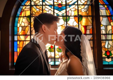 人工智慧生成的一對白人夫婦在彩色玻璃前親吻誓言 人工智慧生成的一對白人夫婦在彩色玻璃前親吻誓言 109436966
