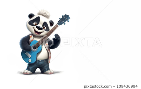 Panda kid with a guitar. Horizontal white background with space to copy space. Cartoon style. Generative AI 109436994