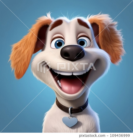 Cartoon smiling dog with big eyes on a blue background. Generative AI 109436999