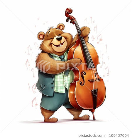 Cartoon Bear Musician. Cute teddy bear with contrabass in a stylish suit on a white background. 109437004