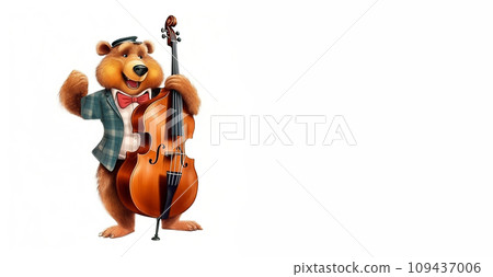 Stylish bear musician. Cute teddy bear with contrabass. Generative AI 109437006