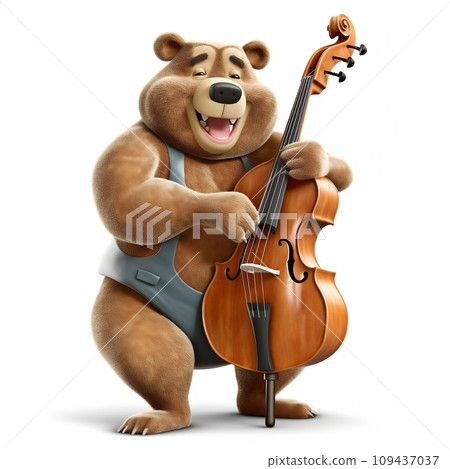 Bear with double bass on a white background. Generative AI 109437037
