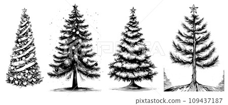 Banner set of sketch Christmas trees with New Year's decor, for your design. Banner set of sketch Christmas trees with New Year's decor, for your design. 109437187