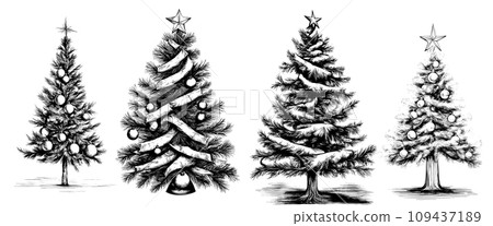 Banner set of sketch Christmas trees with New Year's decor, for your design. Banner set of sketch Christmas trees with New Year's decor, for your design. 109437189