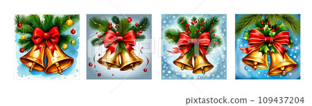 Christmas bell set. New year cartoon decoration bows and holly. Holiday golden metal campane. Flat design elements. vector illustration Christmas bell set. New year cartoon decoration bows and holly. Holiday golden metal campane. Flat design elements. vector illustration 109437204