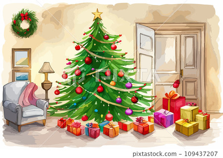 AI-generated content. Watercolor card Christmas Tree and Gift Boxes in the festive room Vector 109437207