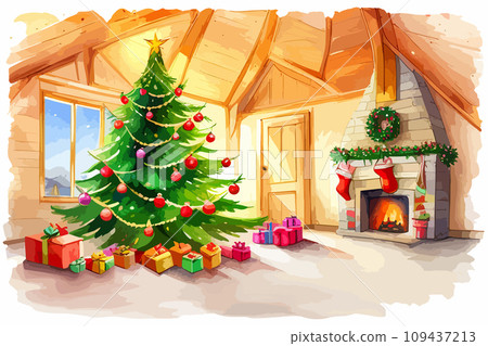 AI-generated content. Watercolor card Christmas Tree and Gift Boxes in the festive room Vector AI-generated content. Watercolor card Christmas Tree and Gift Boxes in the festive room Vector 109437213
