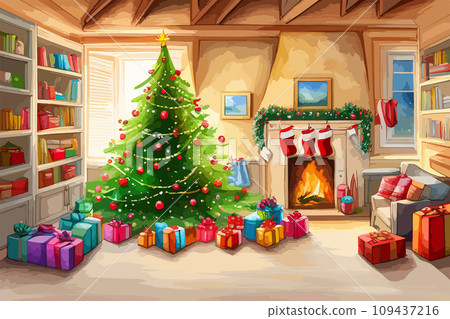 AI-generated content. Watercolor Christmas tree with toys and gifts on background fireplace 109437216